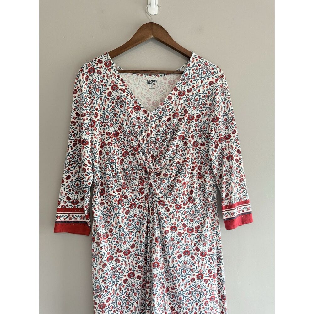 Lands End Floral Knit Dress V Neck Fit Flare Midi Cottage Stretch Red Navy Large - Picture 7 of 16